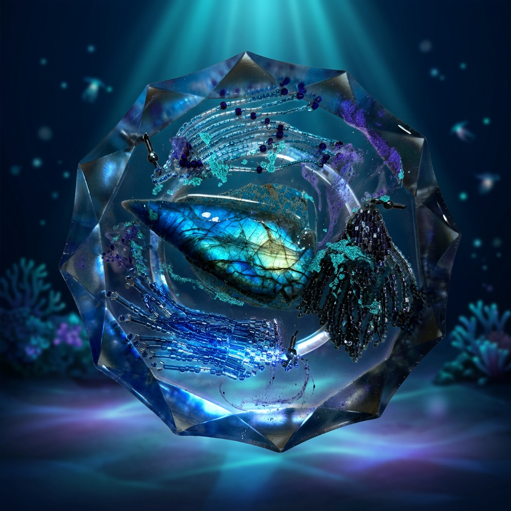 Kyanite Storm resin paperweight on a deep bioluminescent ocean background with glowing teal light rays and blue-purple luminescence