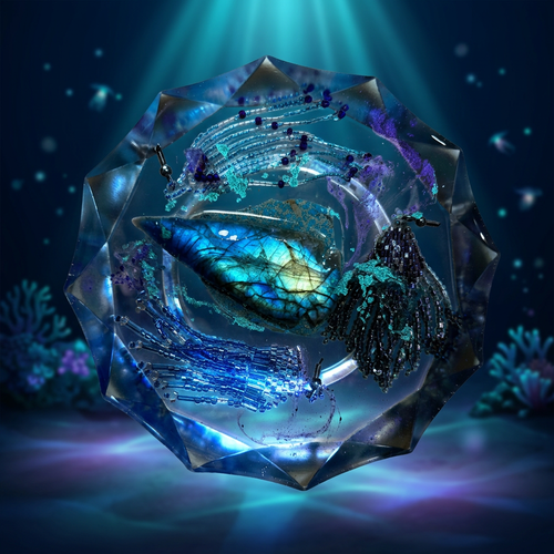 Kyanite Storm resin paperweight on a deep bioluminescent ocean background with glowing teal light rays and blue-purple luminescence