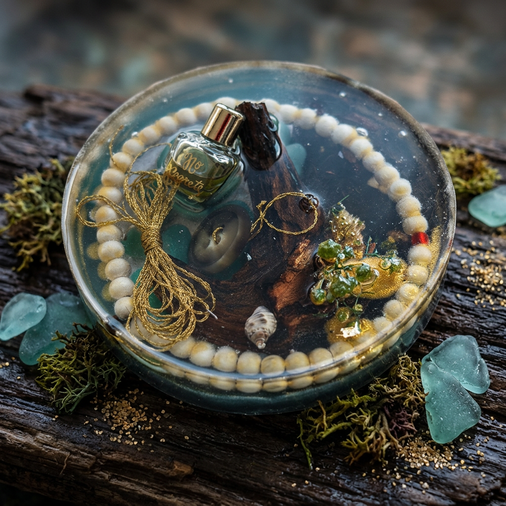 Driftwood Cove & Gold Thread Resin Paperweight styled in coastal bohemian scene