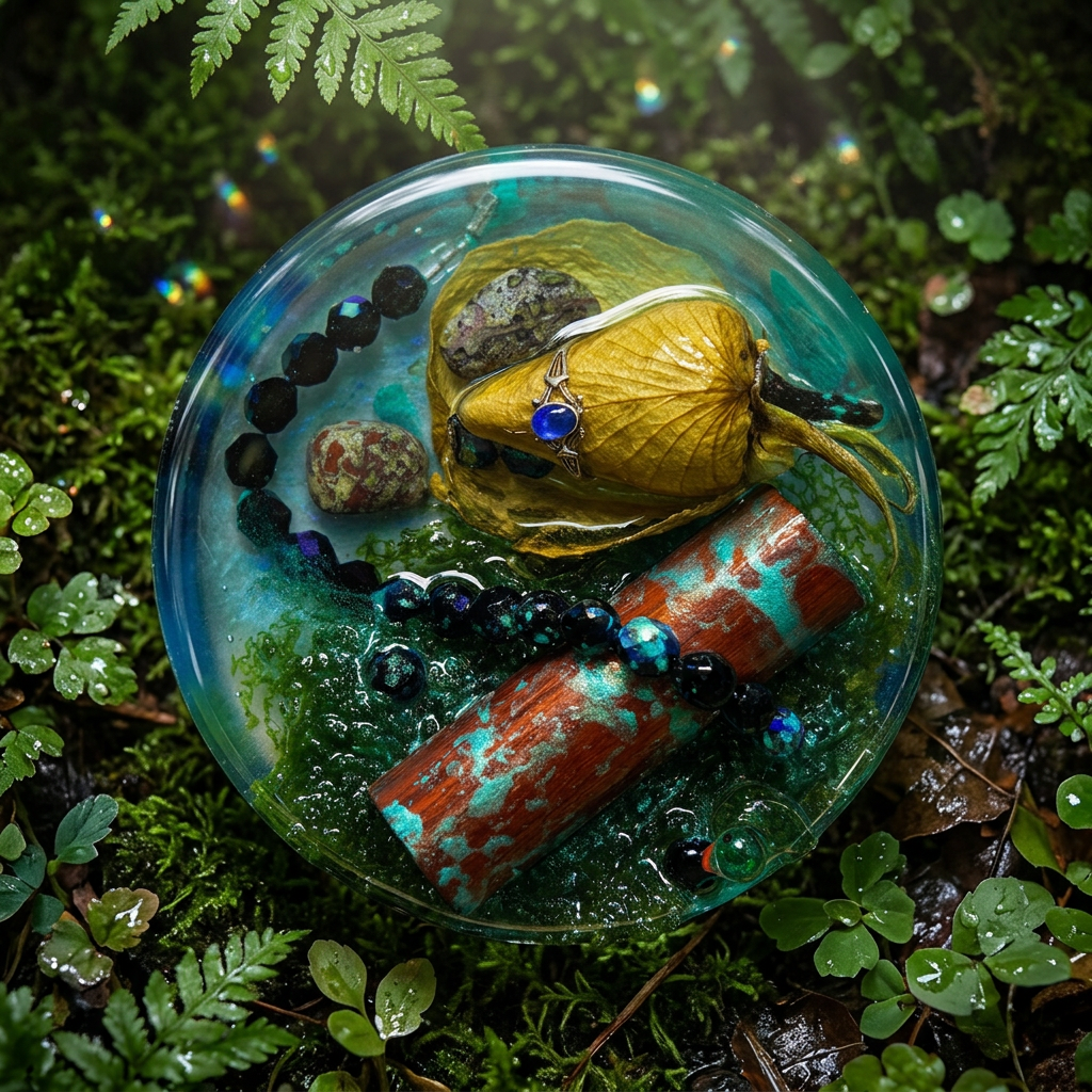 Enchanted Garden resin paperweight on a lush forest floor background with mossy greens, wet earth and dappled fern canopy light — revised with closed rose bud and red log