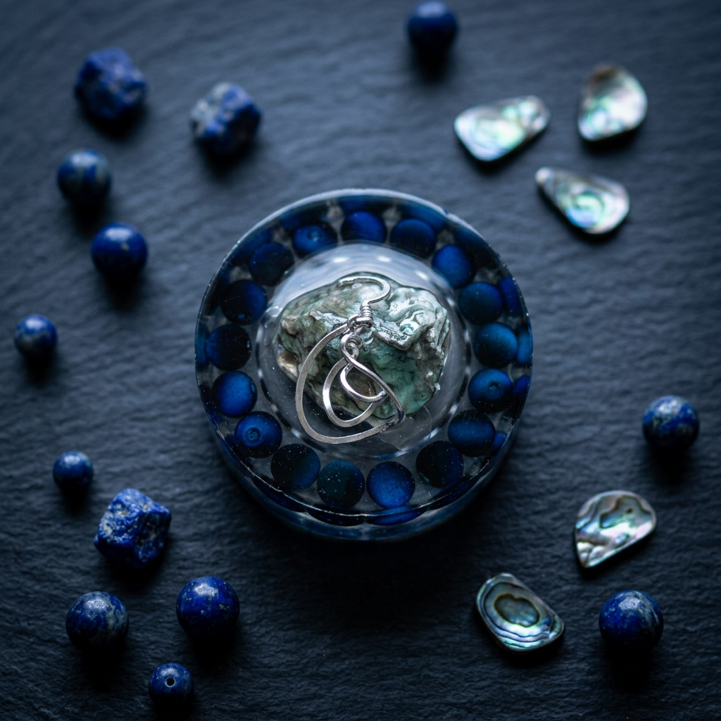 Lapis moon resin paperweight styled on dark slate with scattered lapis beads and cool moonlight lighting