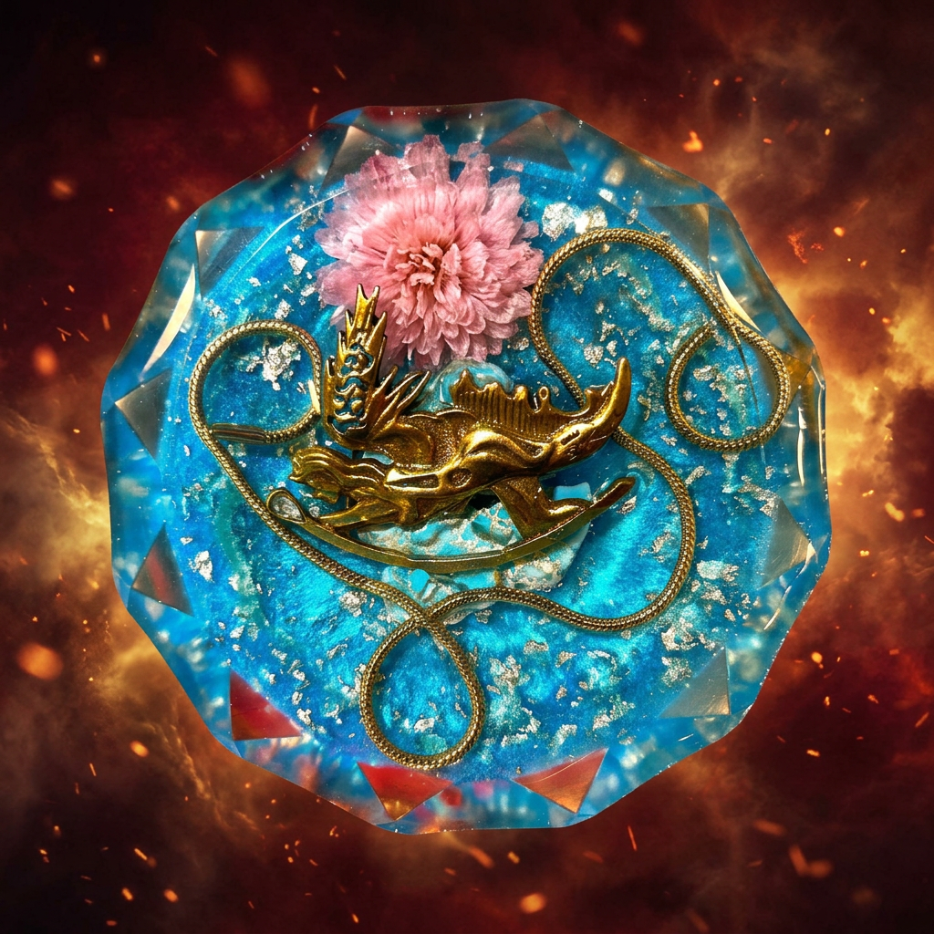 Golden Dragon resin paperweight on a fiery celestial sky background with crimson, amber and gold ember light through dark clouds