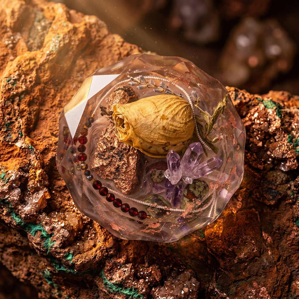 Copper Alchemy resin paperweight on a copper mine at golden hour background with warm amber mineral light and malachite cave walls