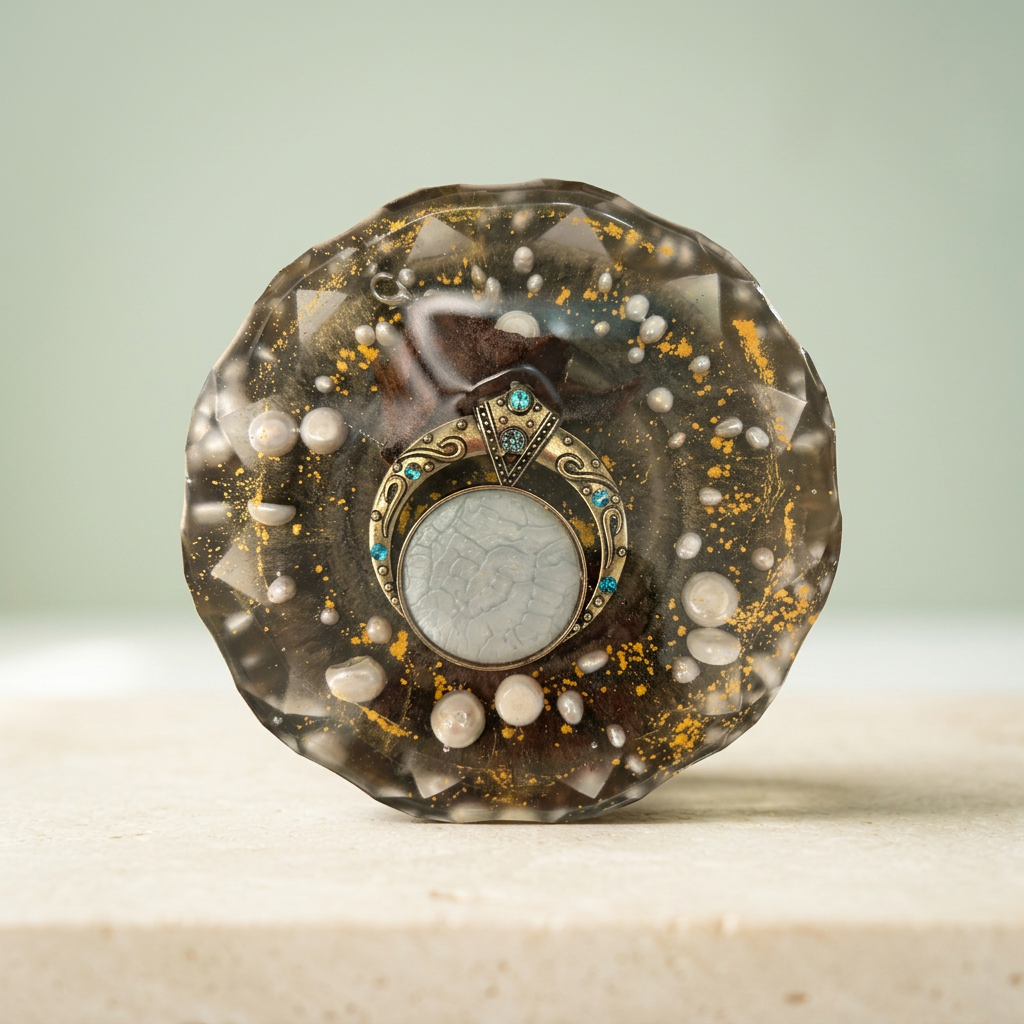 Moonlit Regalia paperweight with an ornate circular centerpiece, white pearl-like beads and golden flakes on a light background
