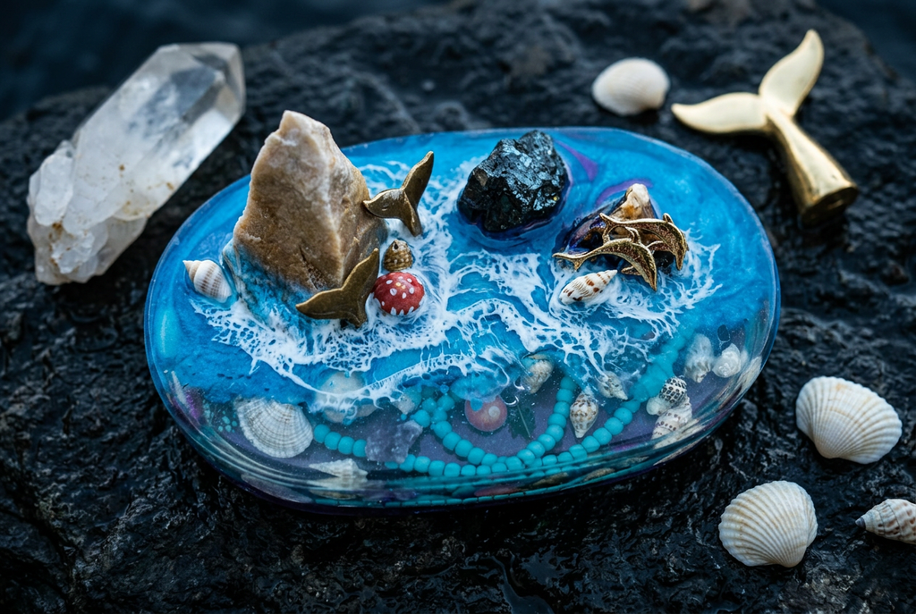 Whale Tail Crystal Dragon Oval Resin Paperweight in mythological ocean dark rock editorial scene