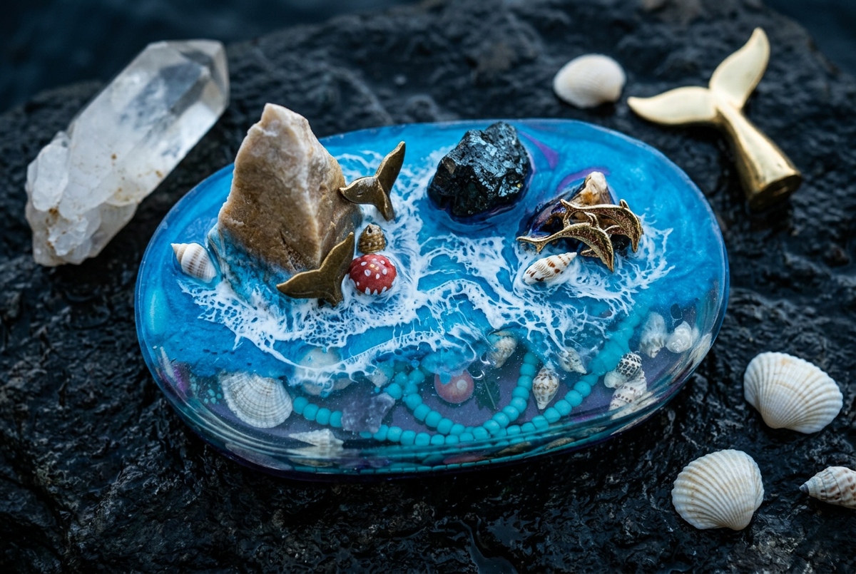 Whale Tail Crystal Dragon Oval Resin Paperweight in mythological ocean dark rock editorial scene