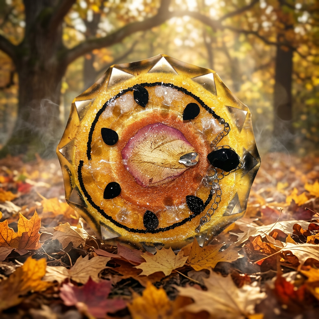 Autumn Alchemy resin paperweight on golden autumn forest floor background with fallen amber crimson leaves, morning mist and dappled sunlight through ancient oak trees