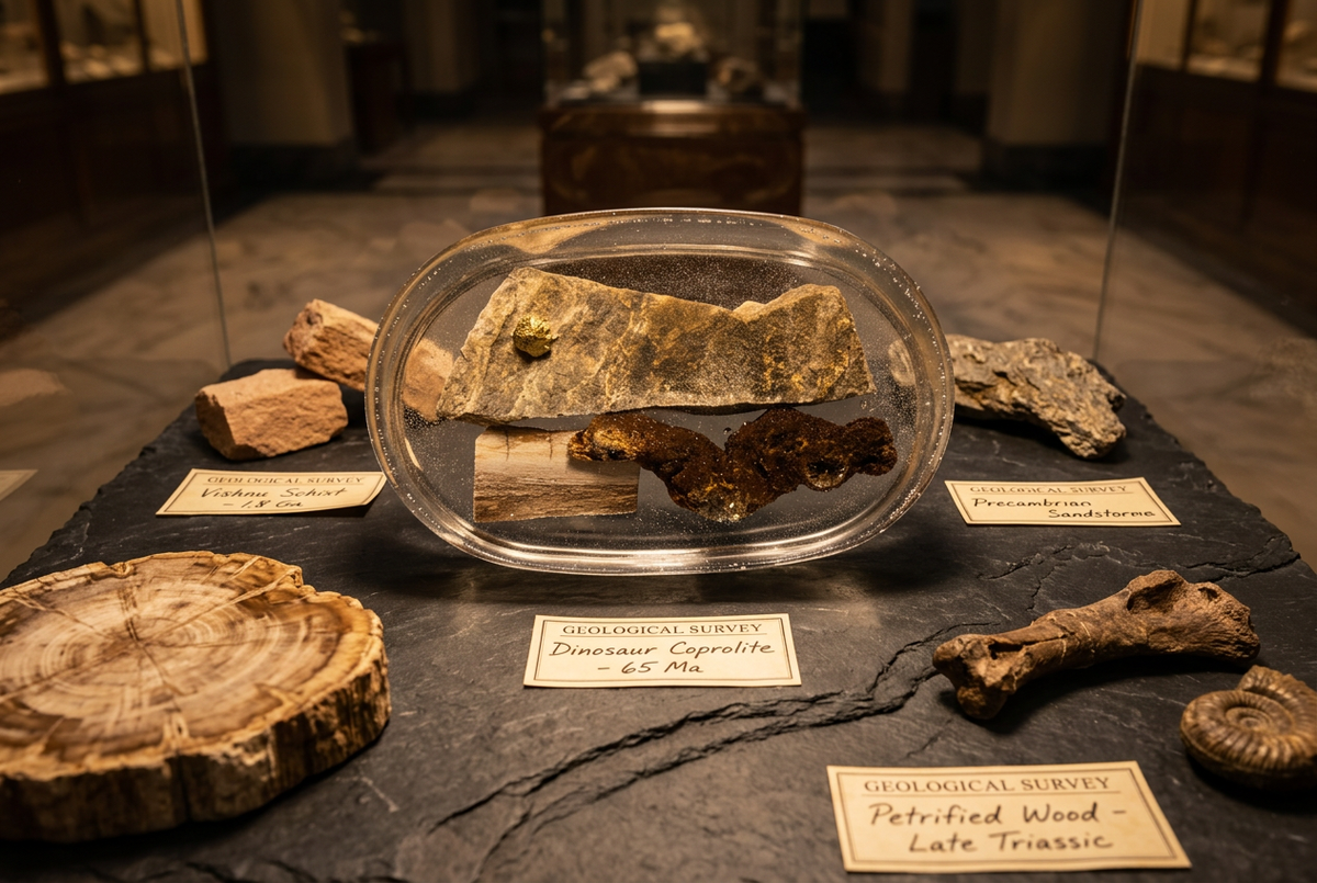 Grand Canyon Rock Dinosaur Coprolite & Petrified Wood Oval Resin Paperweight in natural history museum specimen vitrine editorial scene