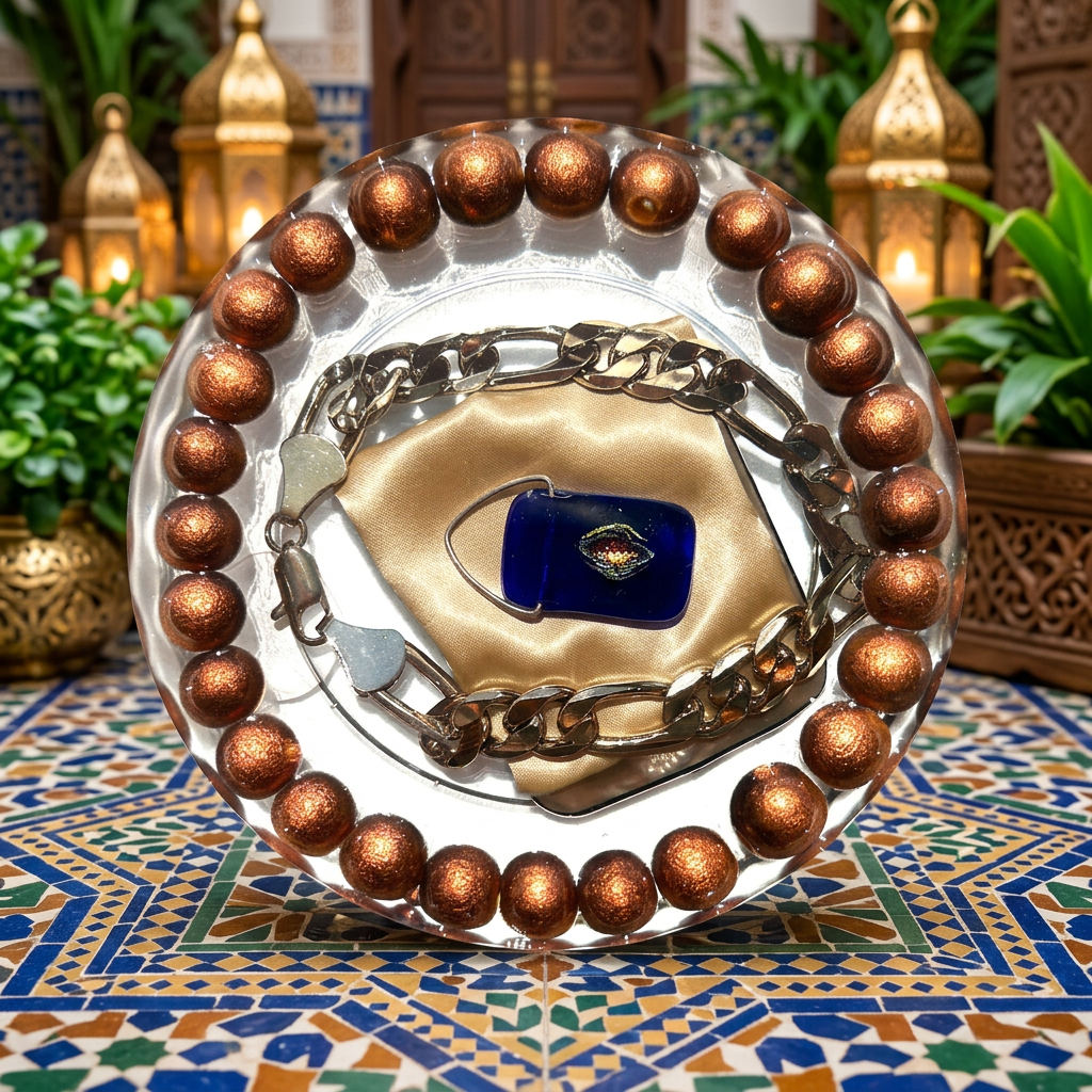 Evil Eye Talisman resin paperweight on Moroccan riad courtyard background with intricate blue and gold mosaic zellige tiles, ornate golden lanterns and lush greenery