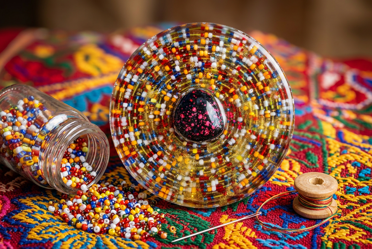 Thousand Beads Concentric Ring Circle Resin Paperweight in colorful textile bead craft festival editorial scene