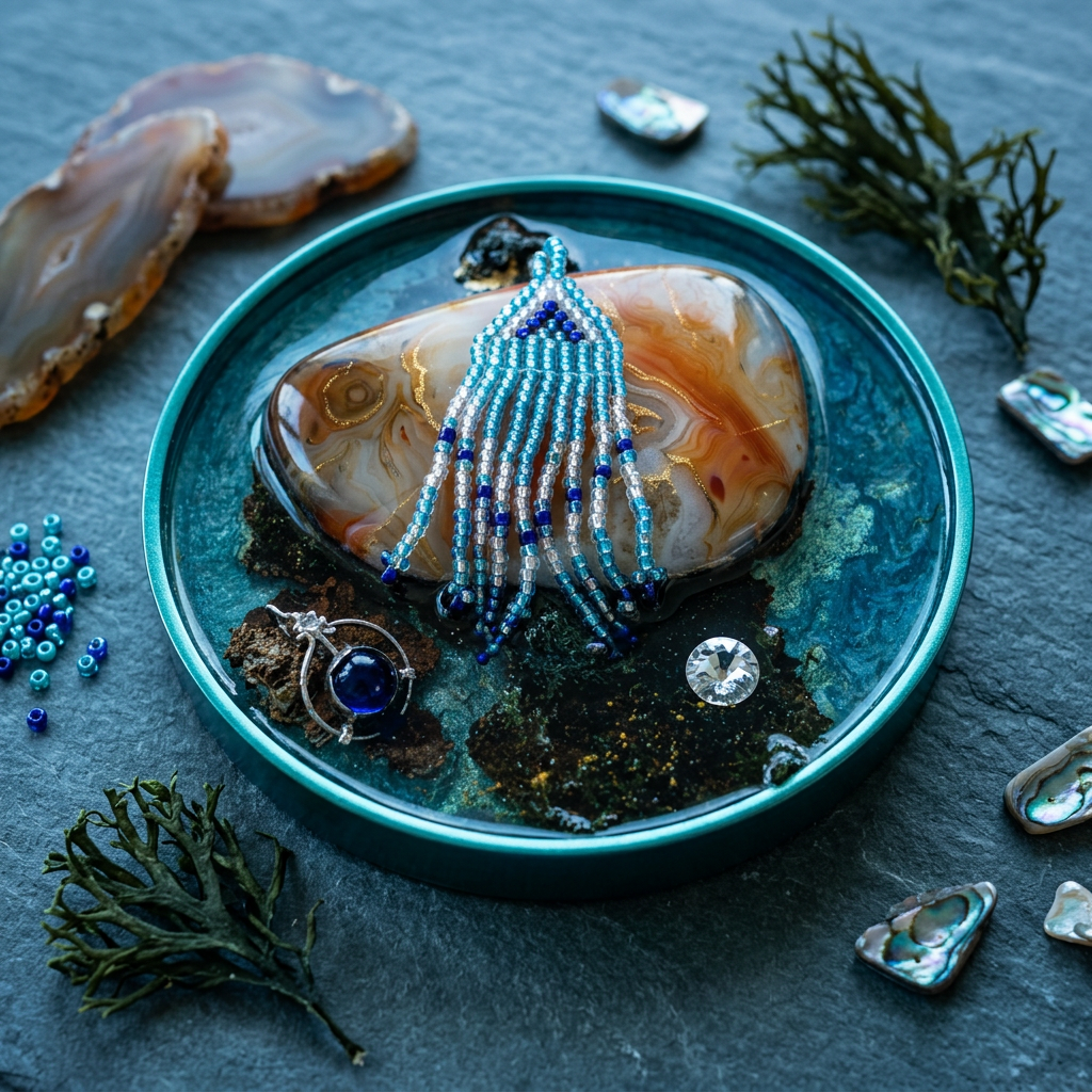 Agate & Beaded Fringe Ocean Resin Paperweight in coastal geological ocean editorial scene