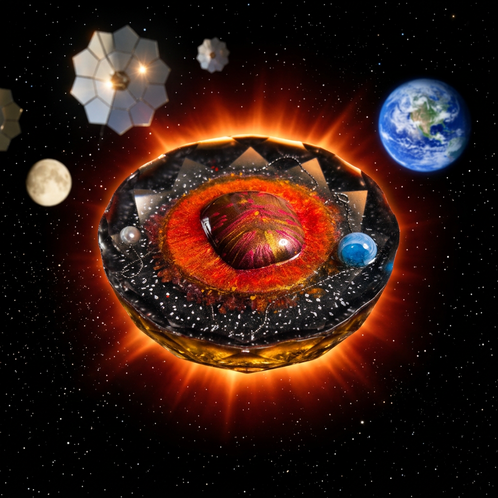 Sun, Earth & Moon Resin Paperweight composited into deep space cosmic background