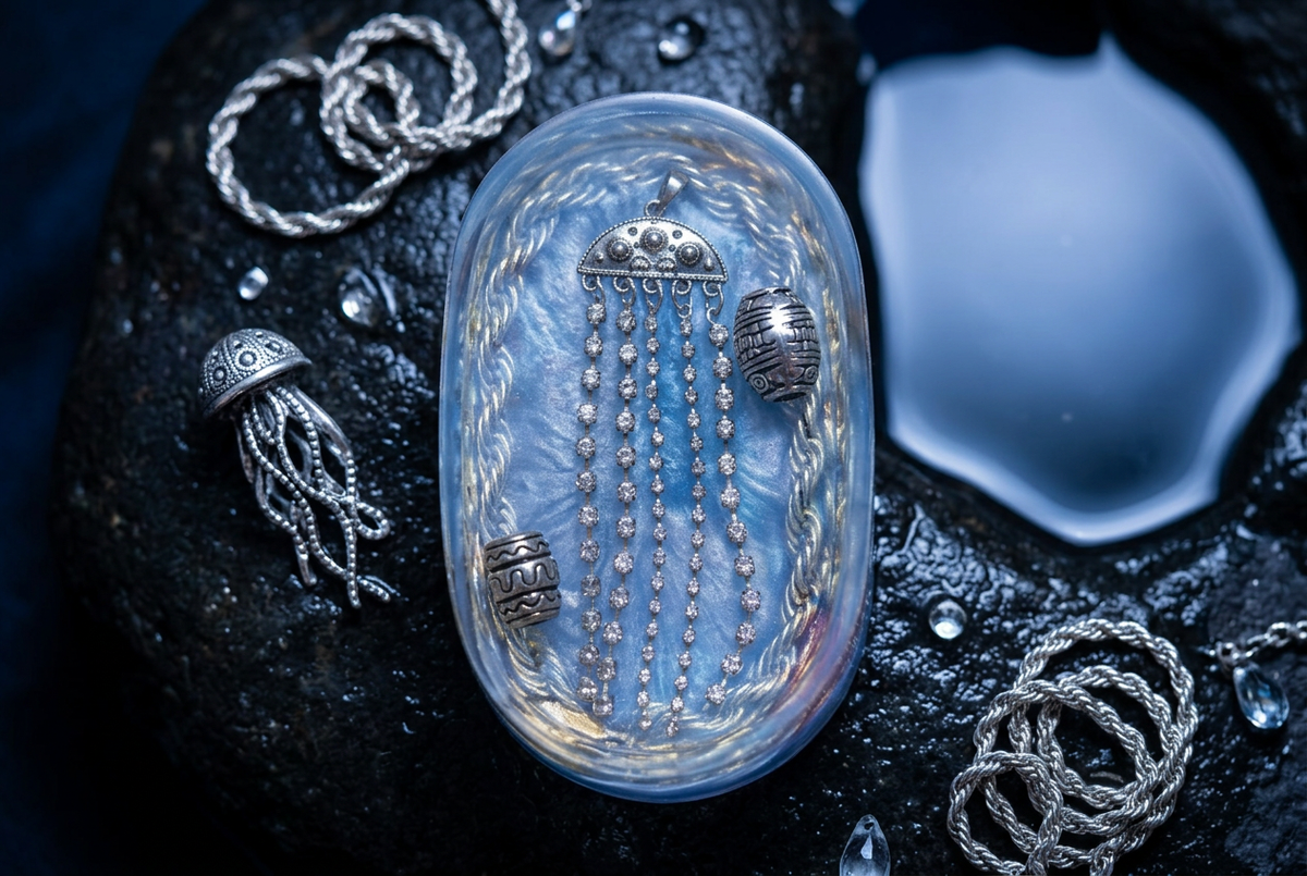 Silver Jellyfish Crystal Tentacle Oval Resin Paperweight in ethereal moonlit midnight ocean editorial scene
