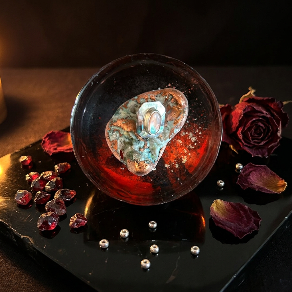 Crimson nebula resin paperweight styled on dark obsidian with garnet chips and warm amber candlelight