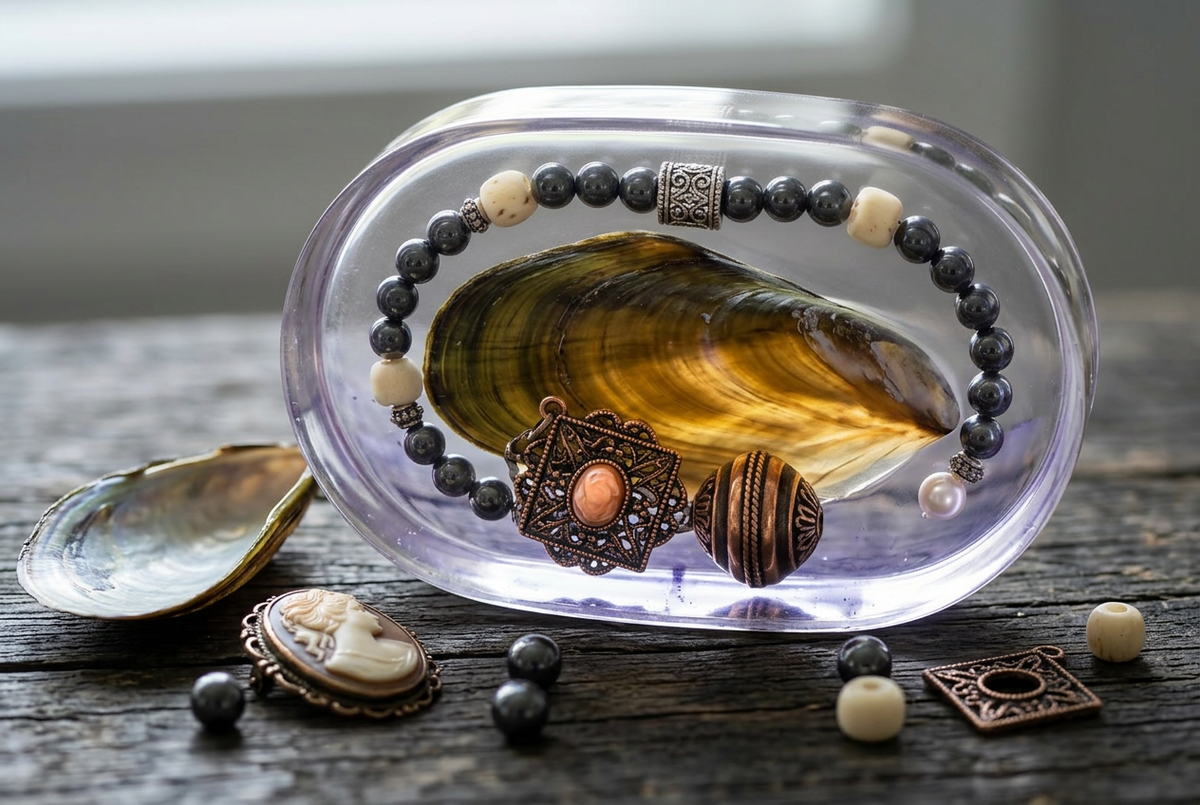 Mussel Shell Cameo Pendant & Hematite Oval Resin Paperweight in Victorian naturalist cabinet dark wood editorial scene
