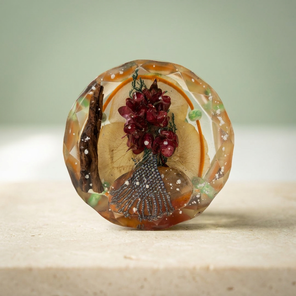 Crimson Cascade paperweight with burgundy-red cluster, cascading silver-toned chains and amber accents on a light background