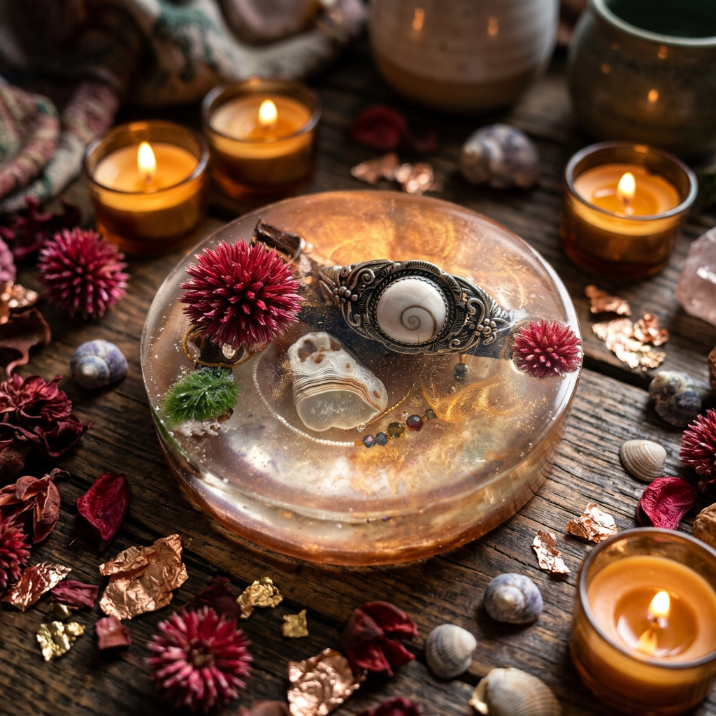 Shiva Eye & Crimson Bloom Resin Paperweight styled in copper botanical scene