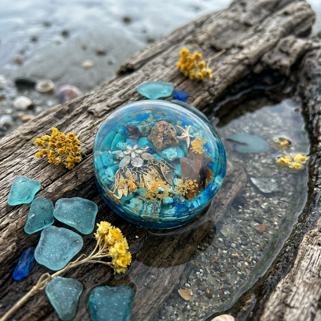 Ocean tide paperweight styled on driftwood with sea glass, dried wildflowers and soft coastal lighting