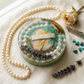 Pearl Strand Rose & Tie Pin Resin Paperweight in heirloom ivory silk nostalgic editorial scene