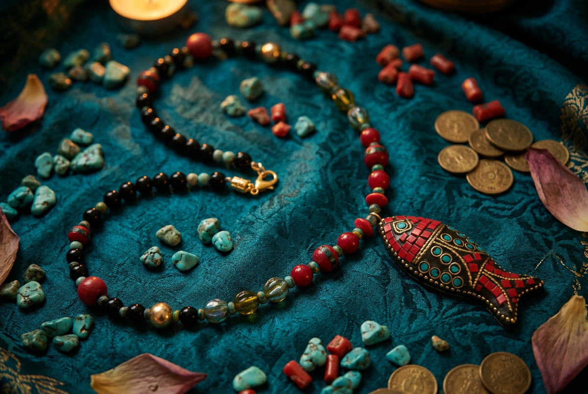 No. 57 Crimson Koi & Onyx necklace atmospheric styling