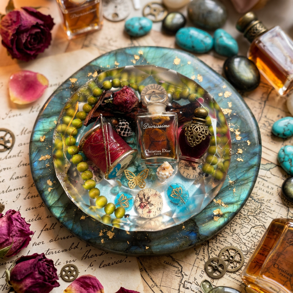 Diorissimo Time Capsule Resin Paperweight in antique letters and vintage editorial scene