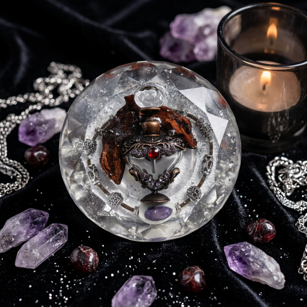 Gothic Chalice & Crystal Orb Resin Paperweight styled in dark velvet and amethyst scene