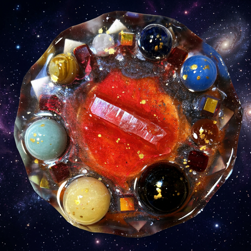 Ember & Obsidian resin paperweight on a deep cosmic celestial background with nebula tones, scattered stars, and galaxy light