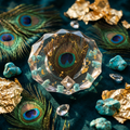 Peacock Feather, Turquoise & Gold Resin Paperweight in regal peacock luxury editorial scene