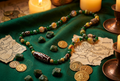 No. 47 Jade & Dzi Caravan necklace on emerald silk Silk Road setting