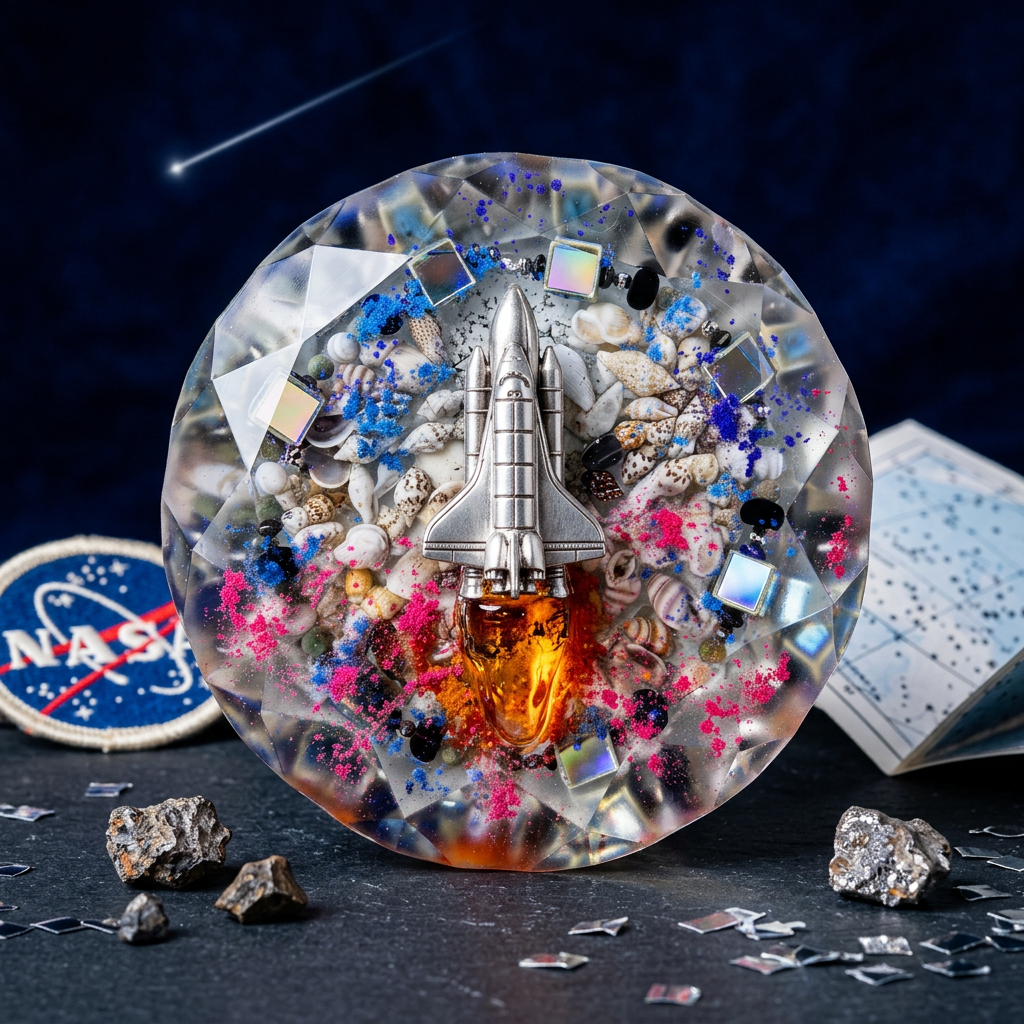 Space Shuttle Launch Resin Paperweight in midnight blue space launch editorial scene