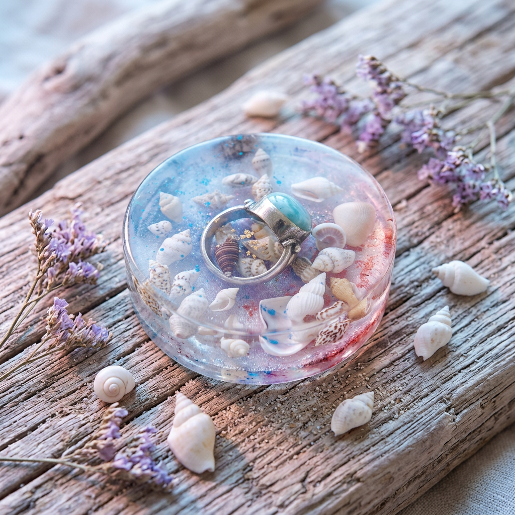Shell cove resin paperweight styled on driftwood with scattered seashells and soft coastal morning light