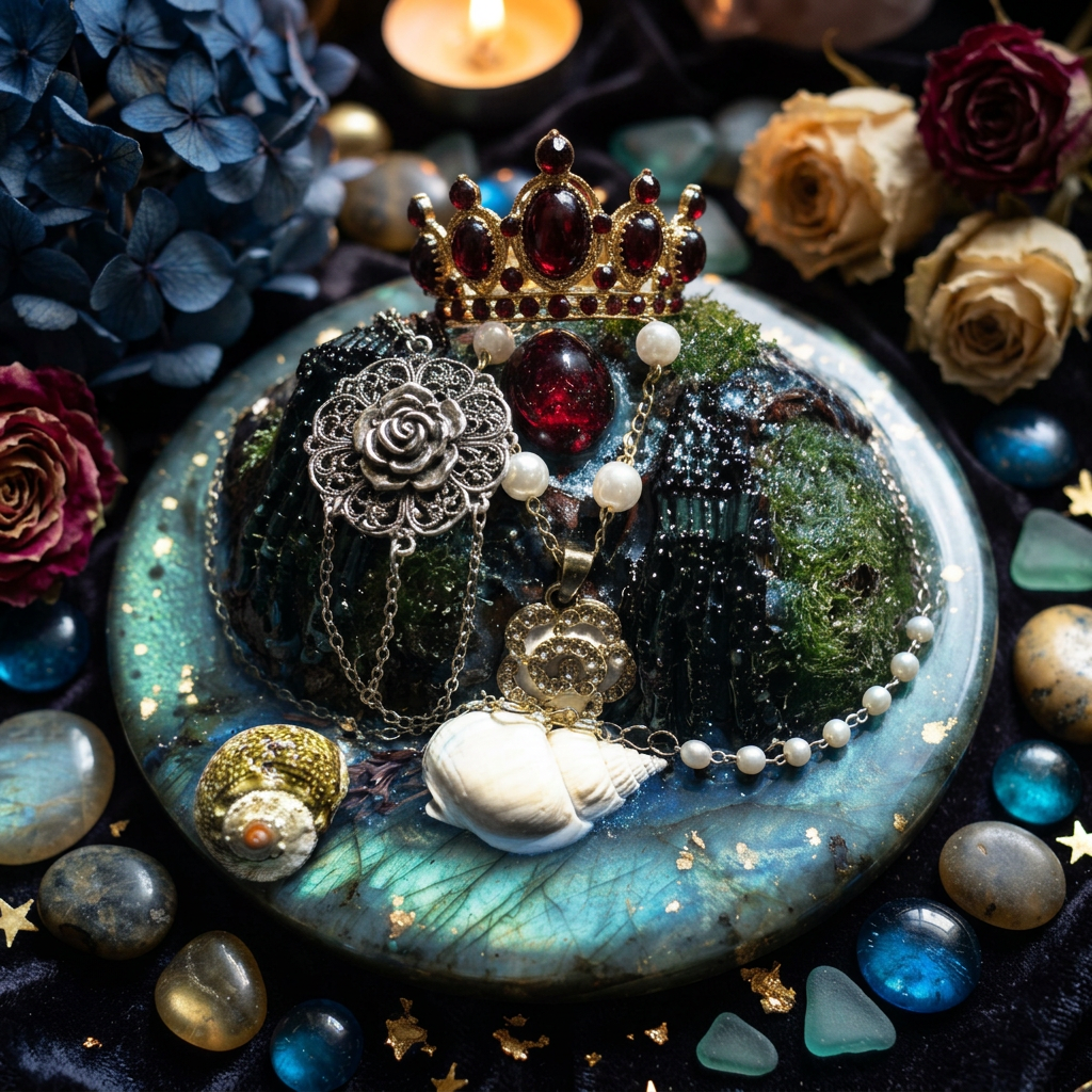 Garnet Forest & Teal Tide Resin Paperweight in dark romantic editorial scene