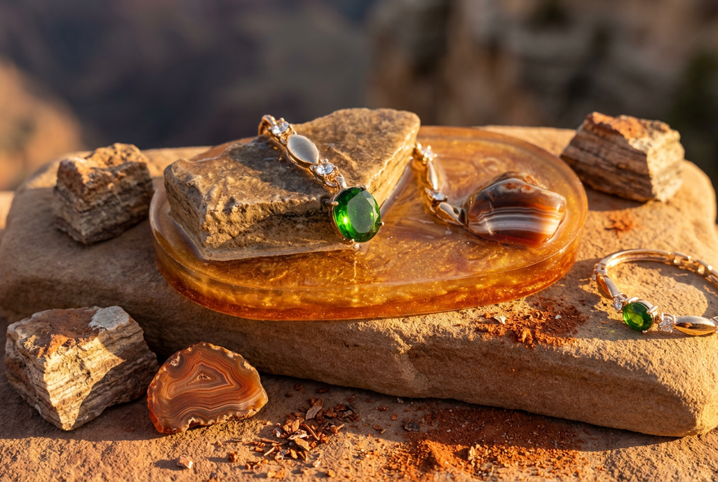 Grand Canyon Rock Banded Agate & Emerald Bracelet Oval Resin Paperweight in dramatic golden hour canyon light editorial scene