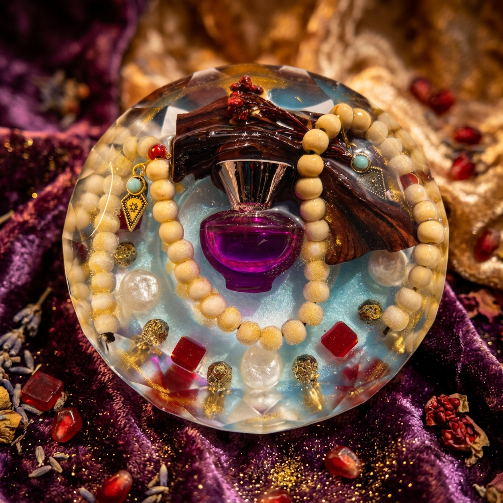 Amethyst Cove & Ruby Crystal Resin Paperweight styled in jewel-toned bohemian scene
