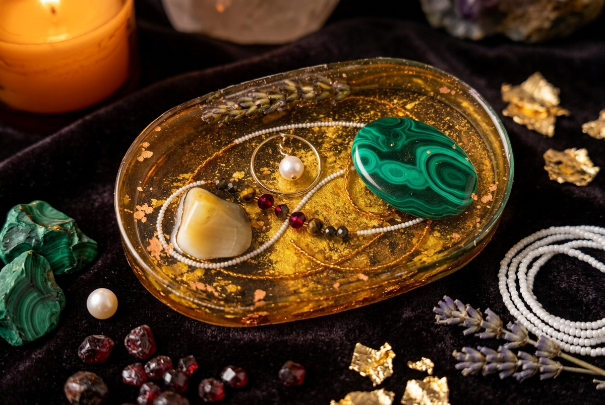 Malachite Garnet & Gold Oval Resin Paperweight in alchemical dark velvet candlelight editorial scene