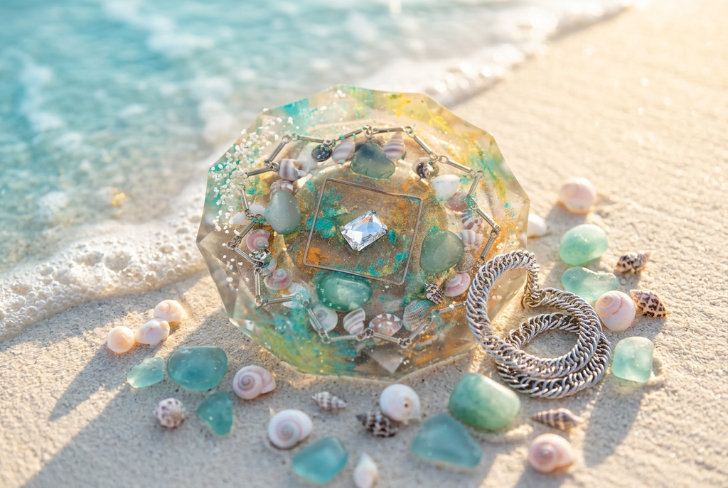 Aquamarine Seashells & Silver Crown Circle Resin Paperweight in Caribbean beach tide pool tropical sunlight editorial scene