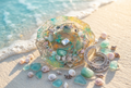 Aquamarine Seashells & Silver Crown Circle Resin Paperweight in Caribbean beach tide pool tropical sunlight editorial scene
