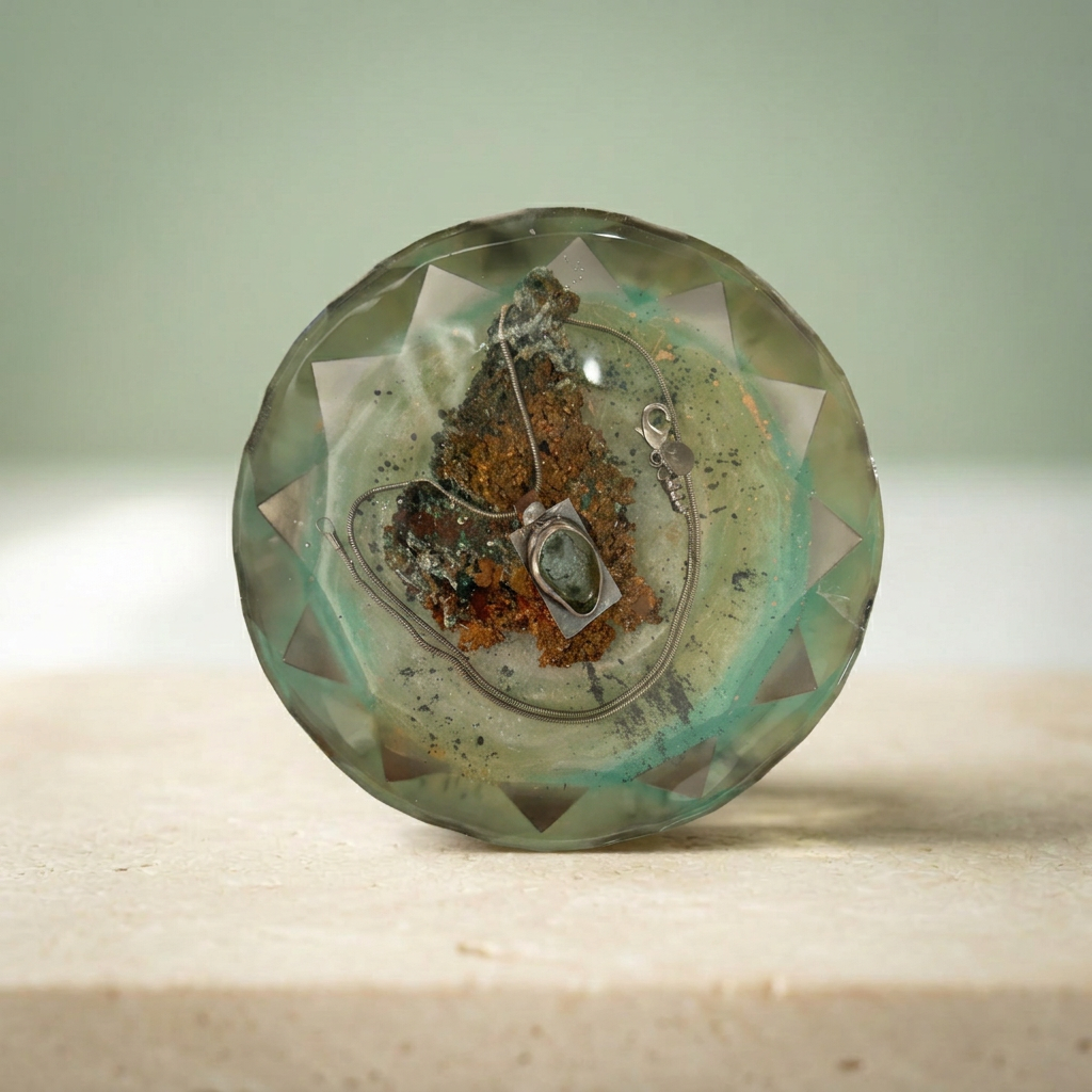 Silverwood Reflection faceted paperweight with a silver-toned chain and earthy center on a light ivory background