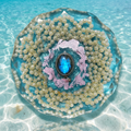 Pearl Mandala Lagoon resin paperweight on tropical Caribbean lagoon background with crystalline turquoise water over white sand and sunlight filtering through shallow water