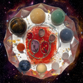 Celestial Orbits resin paperweight on deep space nebula background with swirling purples deep reds and gold against infinite black cosmic dust and star clusters