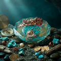 Copper Coral Turquoise Ocean Resin Paperweight in coastal treasure ocean sand editorial scene