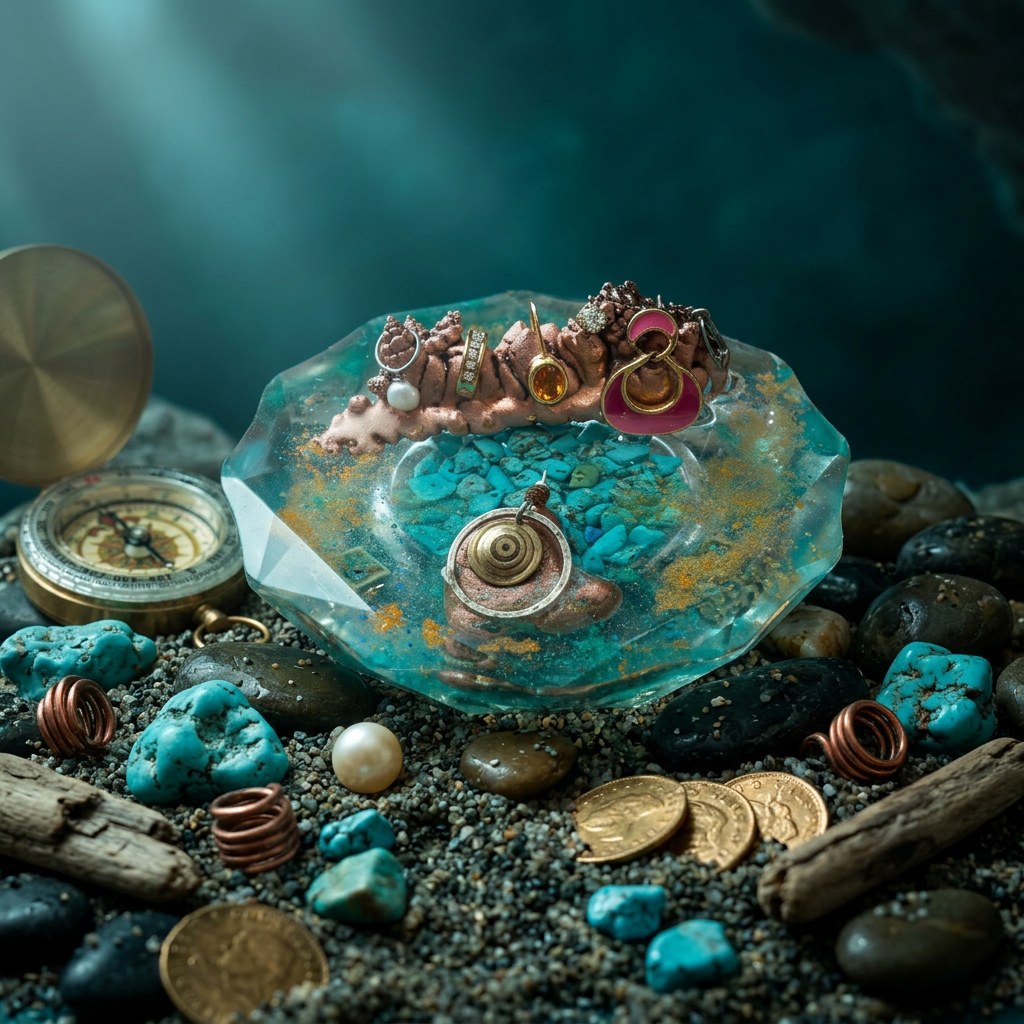 Copper Coral Turquoise Ocean Resin Paperweight in coastal treasure ocean sand editorial scene
