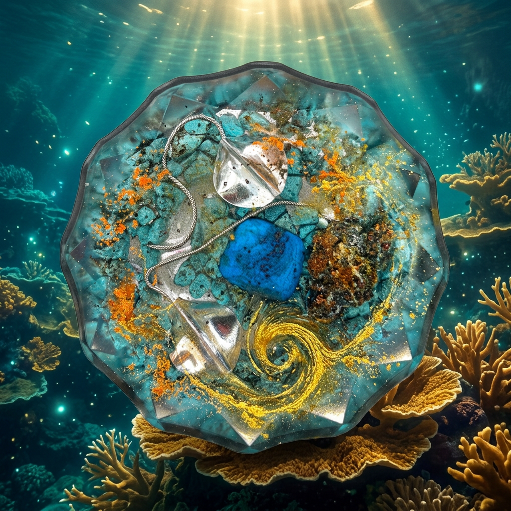 Ocean Geode resin paperweight on underwater coral reef background with rich teal water, golden light shafts, ancient coral formations and bioluminescent particles
